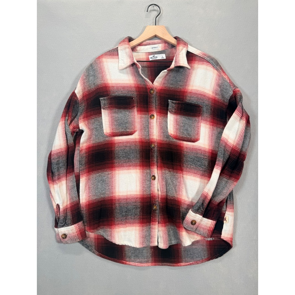Hollister Boyfriend Fit Flannel Shirt Red White Black Plaid Cotton Large L